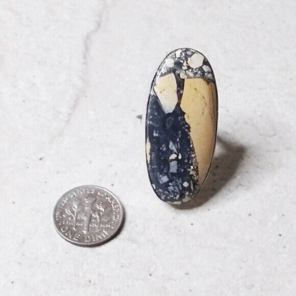HUGE! Minimalist Maligano Jasper Ring 925 Sz 9.25! Sandy Beige Gray Color Scheme - Picture 3 of 12